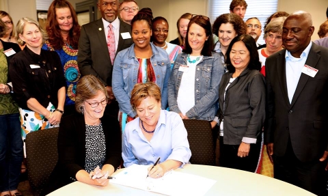 Bishop Sandra L. Steiner Ball and Rev. Dr. Kim Cape sign strategy agreement