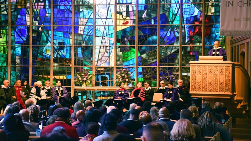 General Secretary Roland Fernandes addresses the Garrett-Evangelical Theological Seminary graduates after receiving a honorary degree on May 9. 